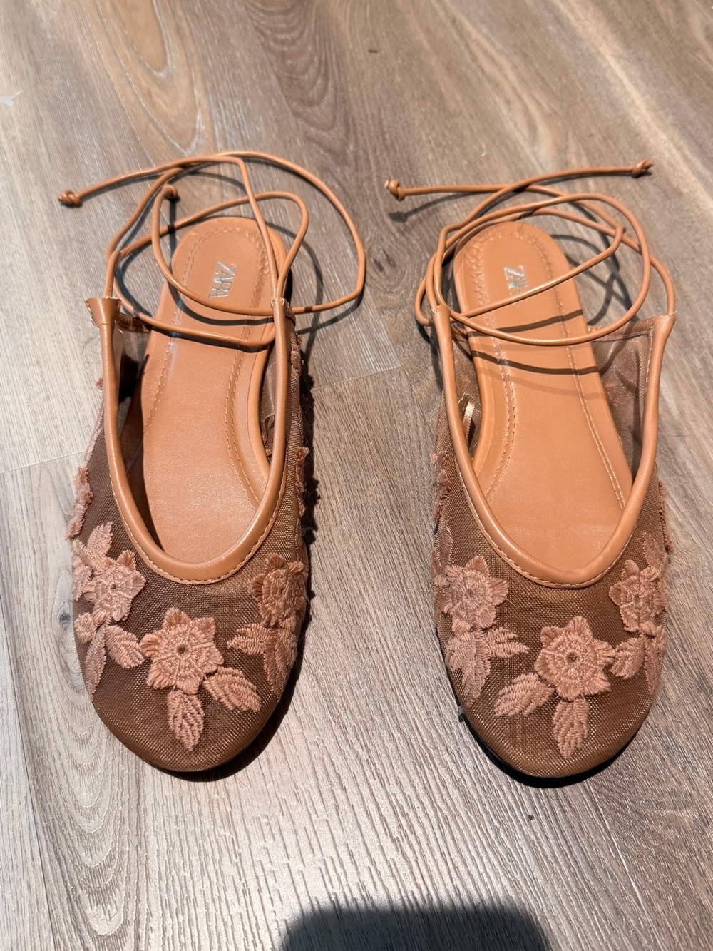 Pink/Brown Mesh Floral embroidered Ballet Flats with Ankle Tie